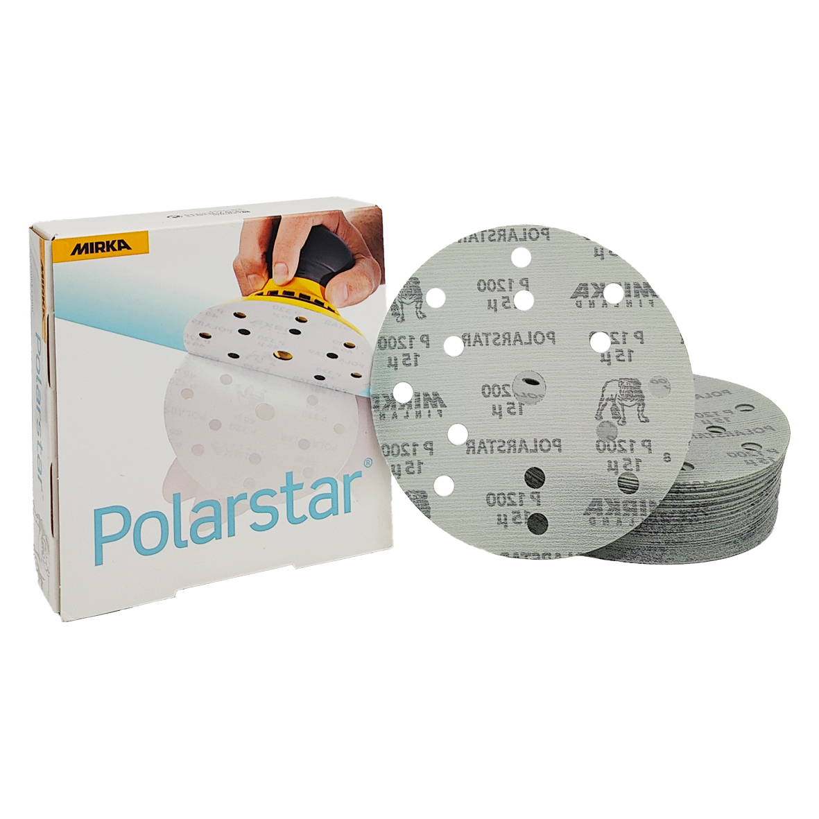 Abbildung Mirka Polarstar 150mm 15L Verpackung und Scheiben als Stapel.