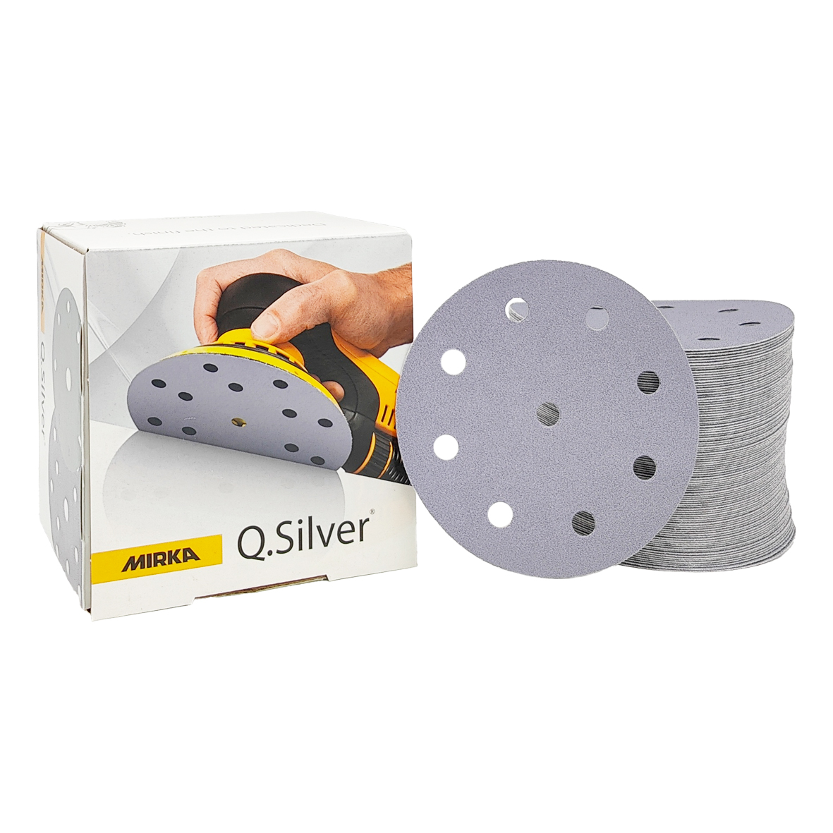 Abbildung Mirka Q.Silver 125mm 9L Verpackung und Scheiben als Stapel.