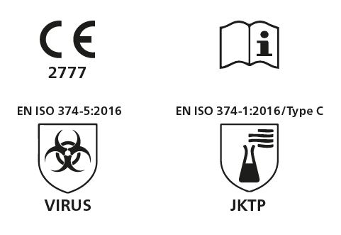 Abbildung Finixa Nitrilhandschuh Grün - Normen und Zertifikat.