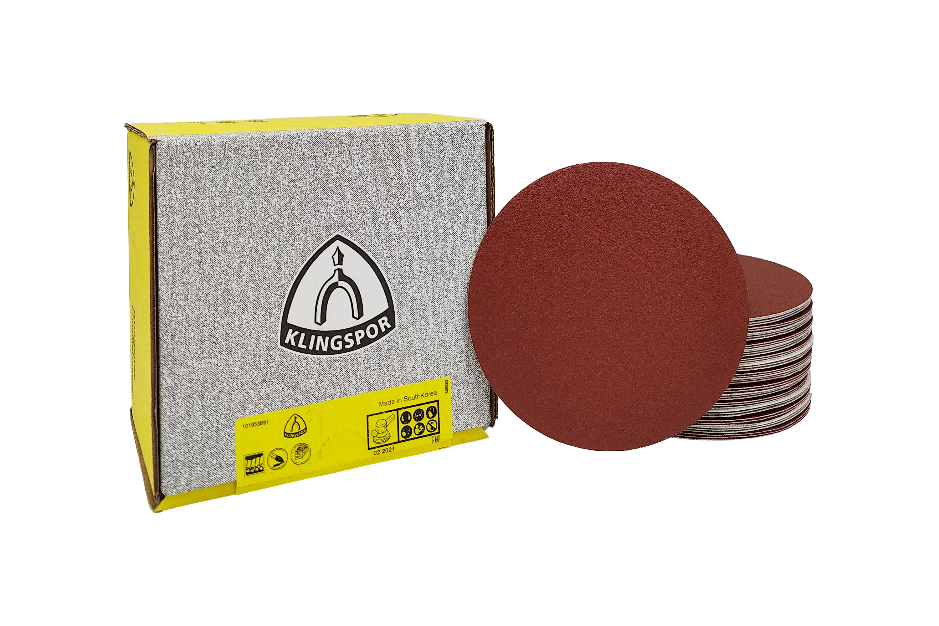 Abbildung Klingspor PS22K 150mm Verpackung und Scheiben als Stapel.