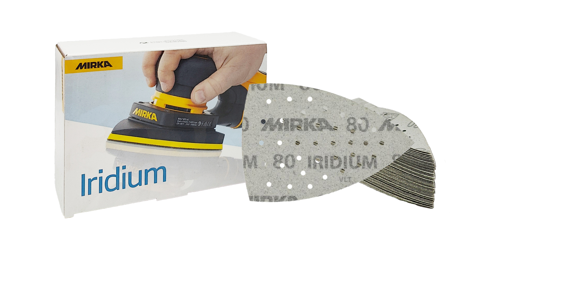 Abbildung Mirka Abranet 100x152x152mm Verpackung und Dreiecke als Stapel.
