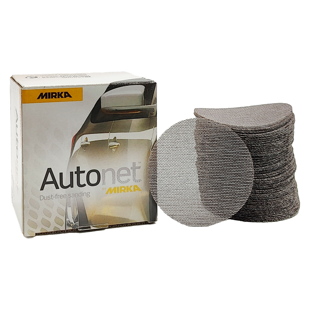 Abbildung Mirka Autonet 77mm Verpackung und Scheiben als Stapel.