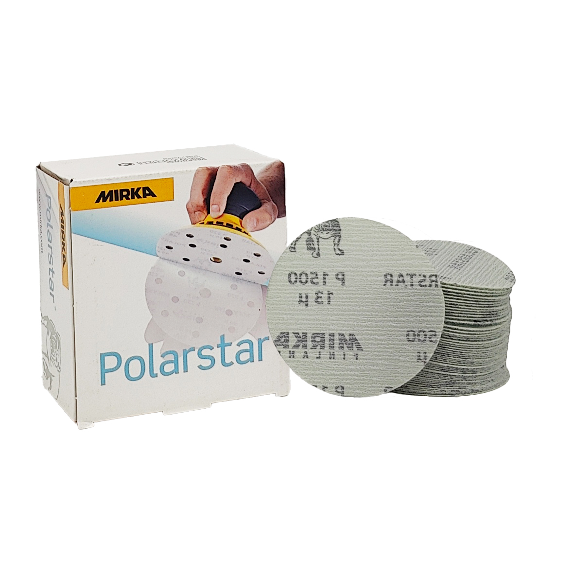 Abbildung Mirka Polarstar 77mm Verpackung und Scheiben als Stapel.
