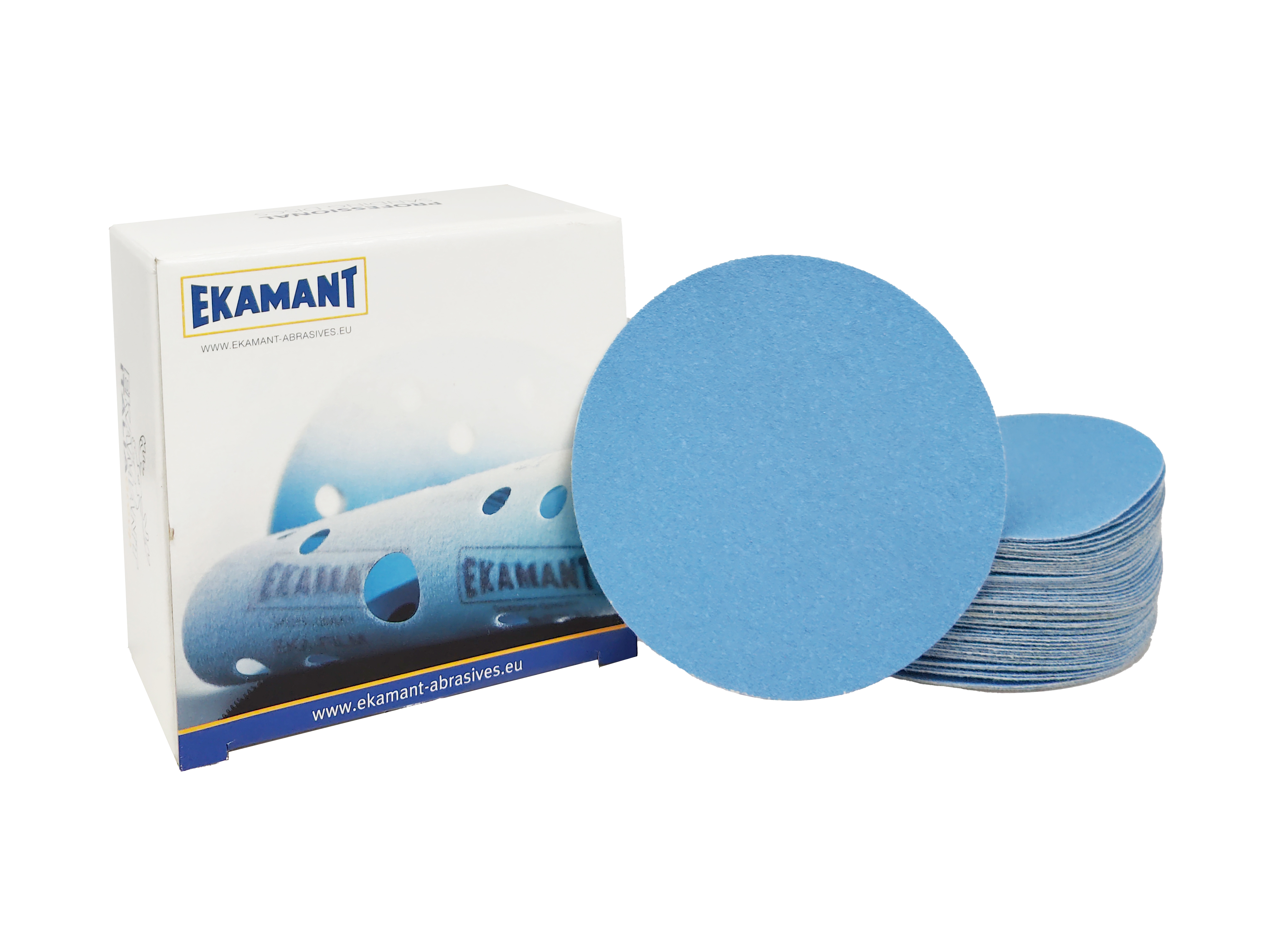 Abbildung Ekamant Eka Blue +V 150mm Verpackung und Scheiben als Stapel.