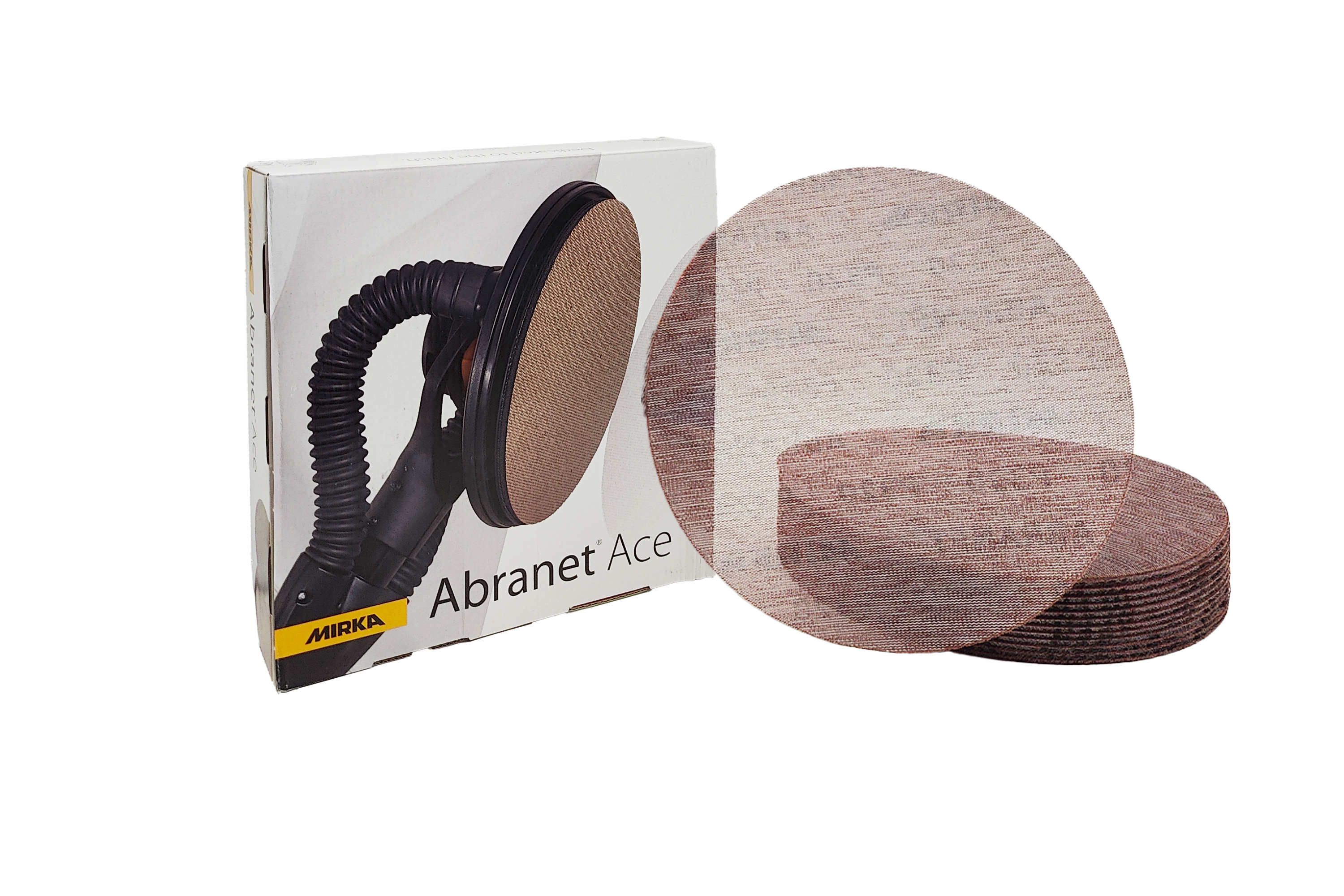Abbildung Mirka Abranet ACE 225mm Verpackung und Scheiben als Stapel.