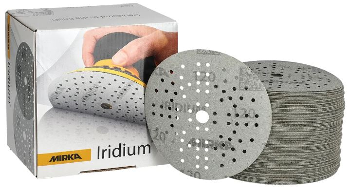 Abbildung Mirka Iridium 125mm 89L Verpackung und Scheiben als Stapel.