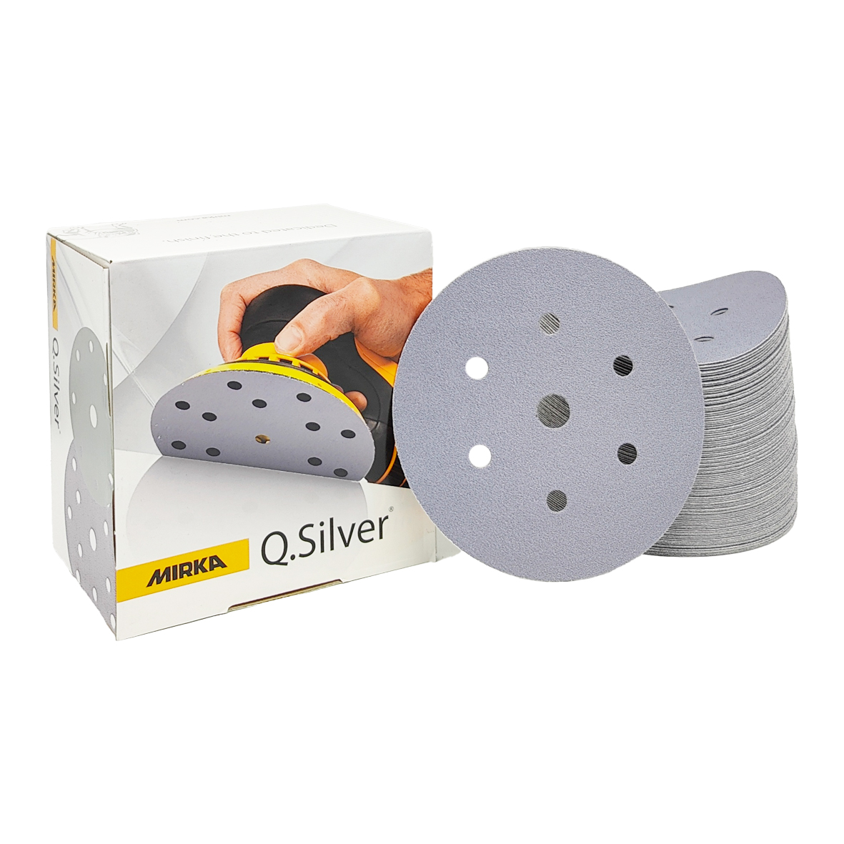 Abbildung Mirka Q.Silver 150mm 7L Verpackung und Scheiben als Stapel.