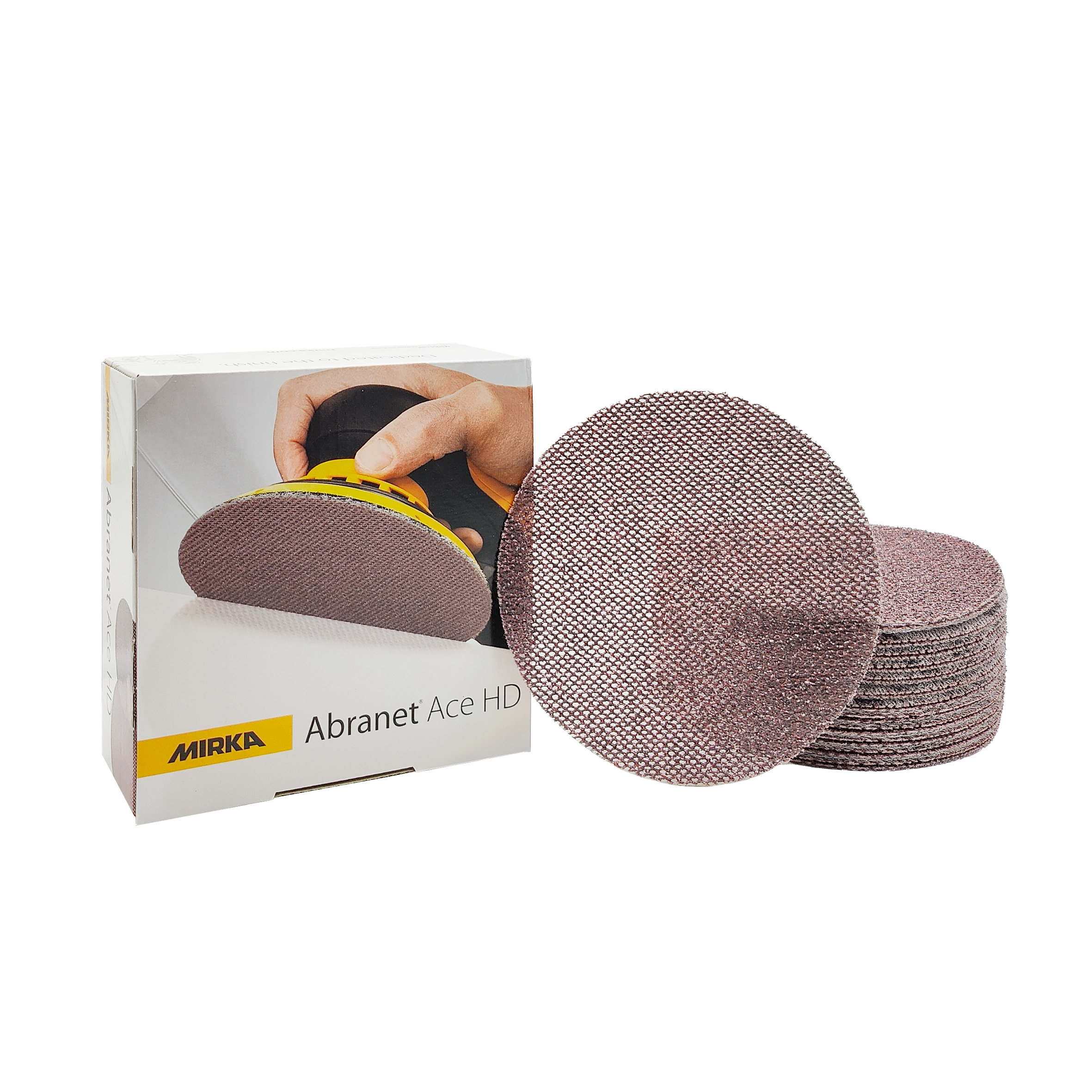 Abbildung Mirka Abranet ACE HD 150mm Verpackung und Scheiben als Stapel.