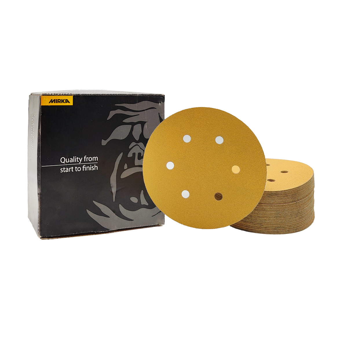 Abbildung Mirka Gold STICK 150mm 6L Verpackung und Scheiben als Stapel.