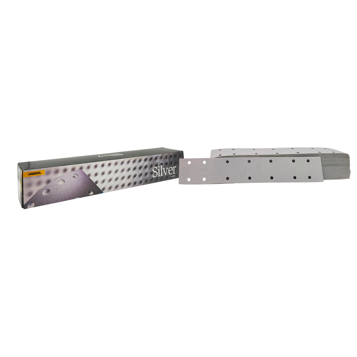 Abbildung Mirka Q.Silver 70x420mm 14L Verpackung und Streifen als Stapel.