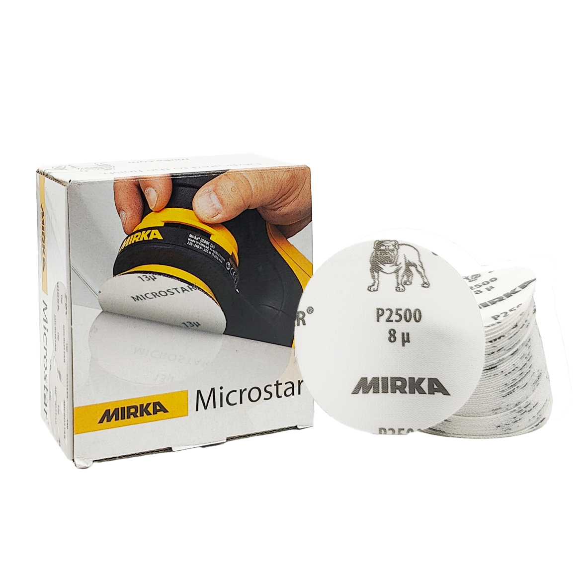 Abbildung Mirka Microstar 77mm Verpackung und Scheiben als Stapel.