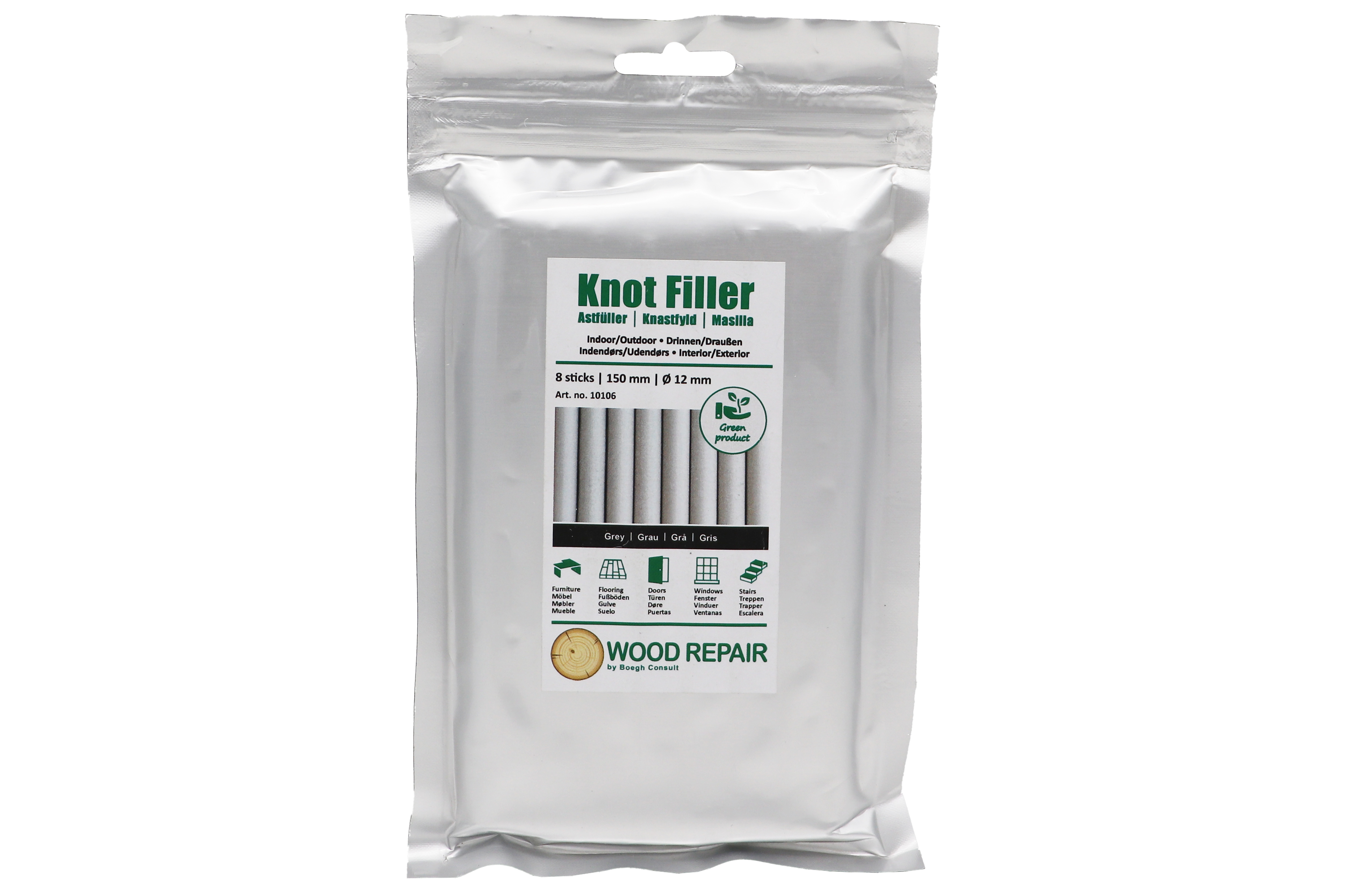 Abbildung Woodrepair Astfüller Grau 150mm Verpackung.