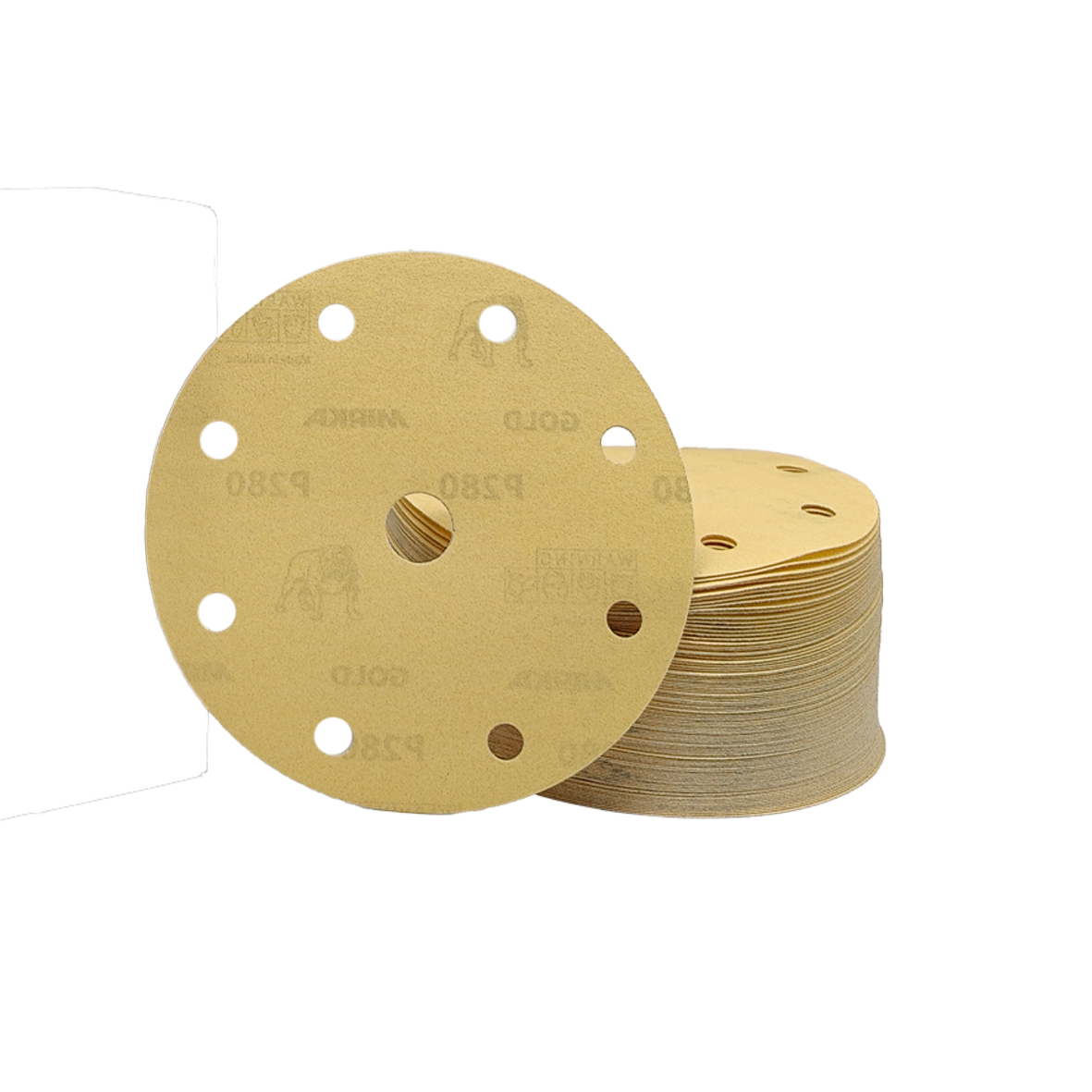 Abbildung Mirka Gold 150mm 9L Verpackung und Scheibenstapel.