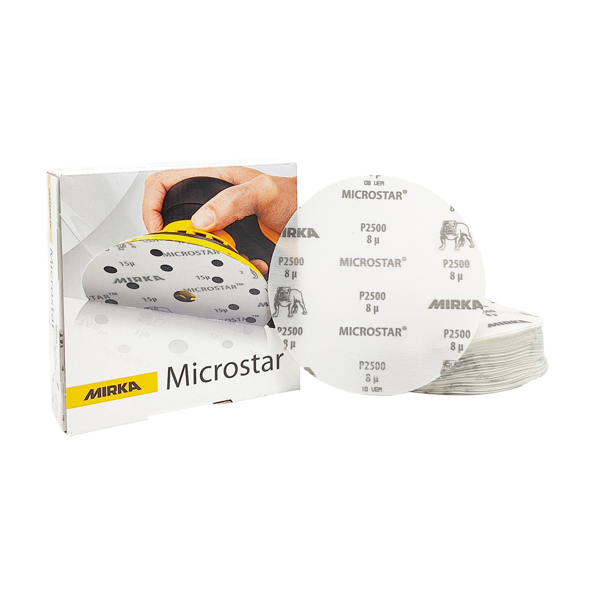 Abbildung Mirka Microstar 150mm Verpackung und Scheiben als Stapel.
