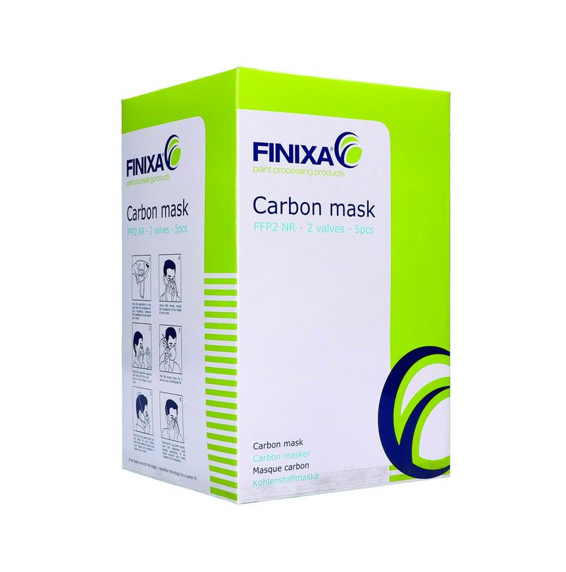 Abbildung Finixa FFP2 Maske mit Kohlenstofffilter Verpackung Zwei Seiten Ansicht Rückseite.
