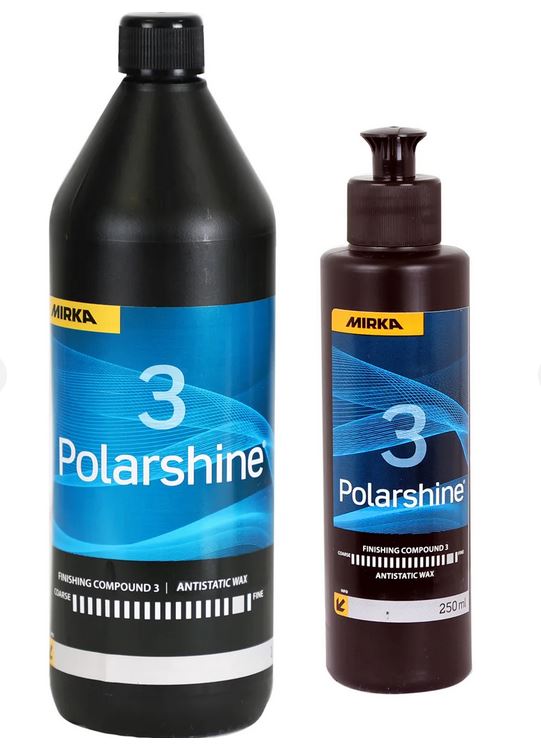 Abbildung Mirka Polarshine 3 Antistatic Wax Politur 1L und 250ml Flasche.