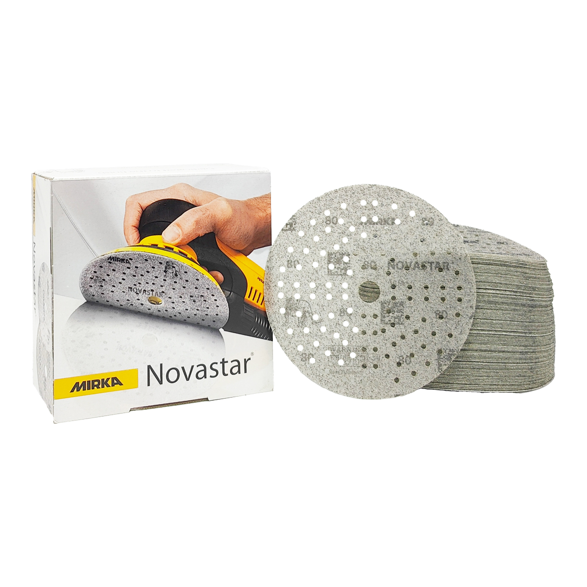 Abbildung Mirka Novastar 150mm 121L Verpackung und Scheiben als Stapel.