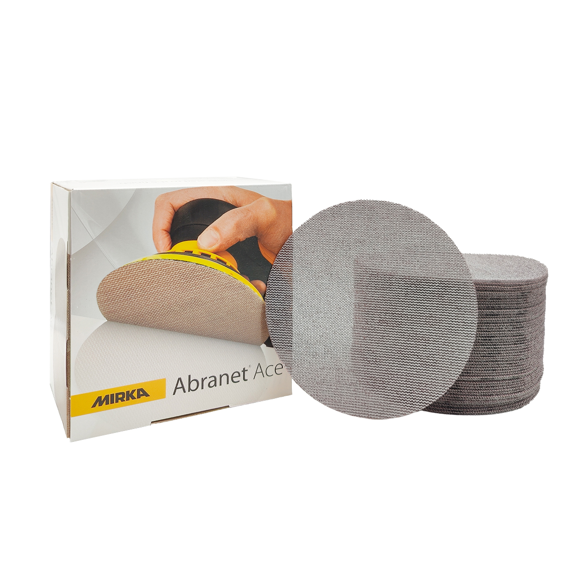 Abbildung Mirka Abranet ACE 150mm Verpackung und Scheiben als Stapel.