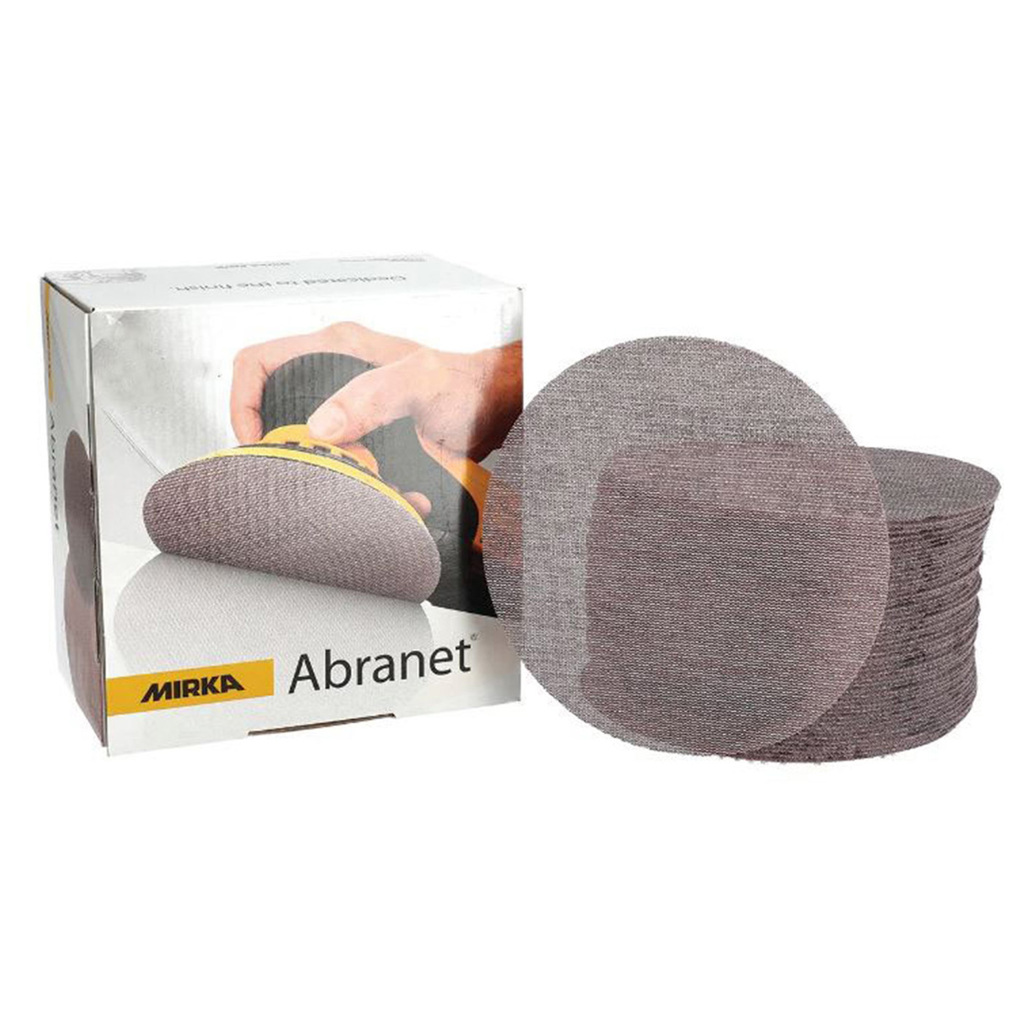 Abbildung Mirka Abranet 150mm Verpackung mit Scheiben als Stapel.