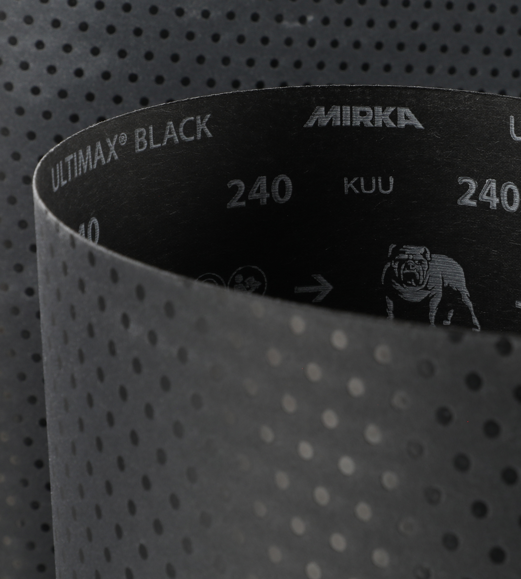 Abbildung Mirka Ultimax Black 1120x1900mm Nahaufnahme mit Mirka Schriftzug.