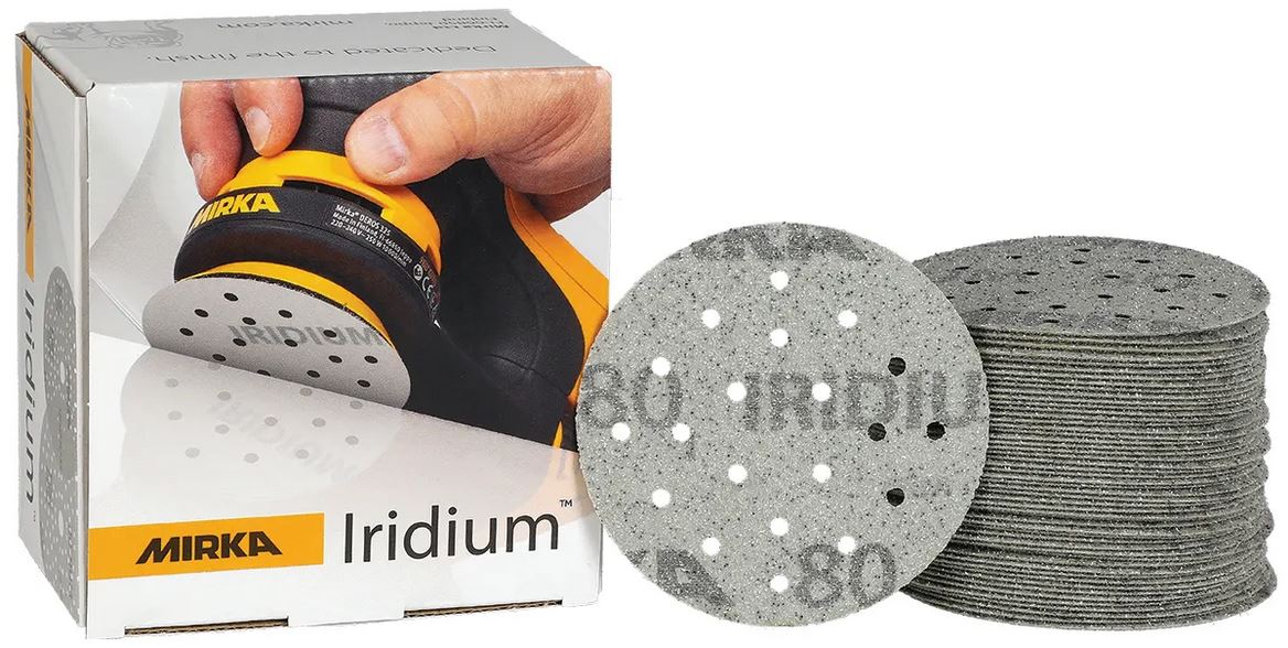 Abbildung Mirka Iridium 77mm 20L Verpackung und Scheiben als Stapel.