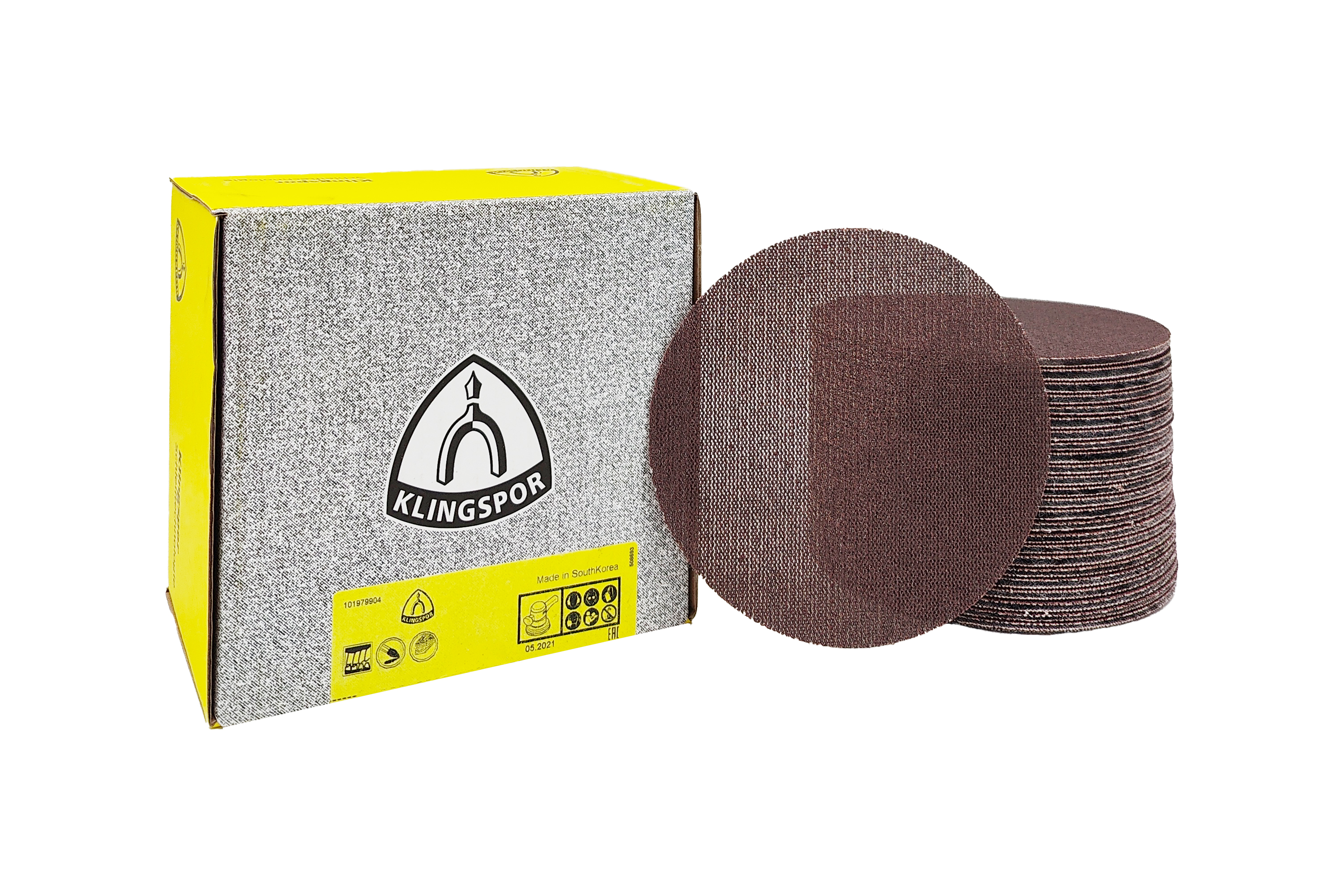 Abbildung Klingspor AN400 150mm Verpackung und Scheiben als Stapel.