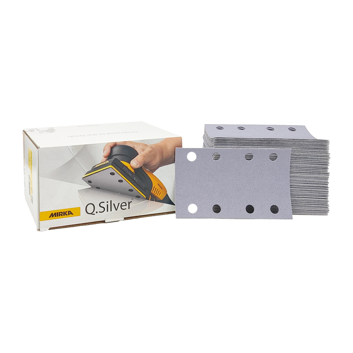 Abbildung Mirka Q.Silver 81x133mm 8L Verpackung und Streifen als Stapel.