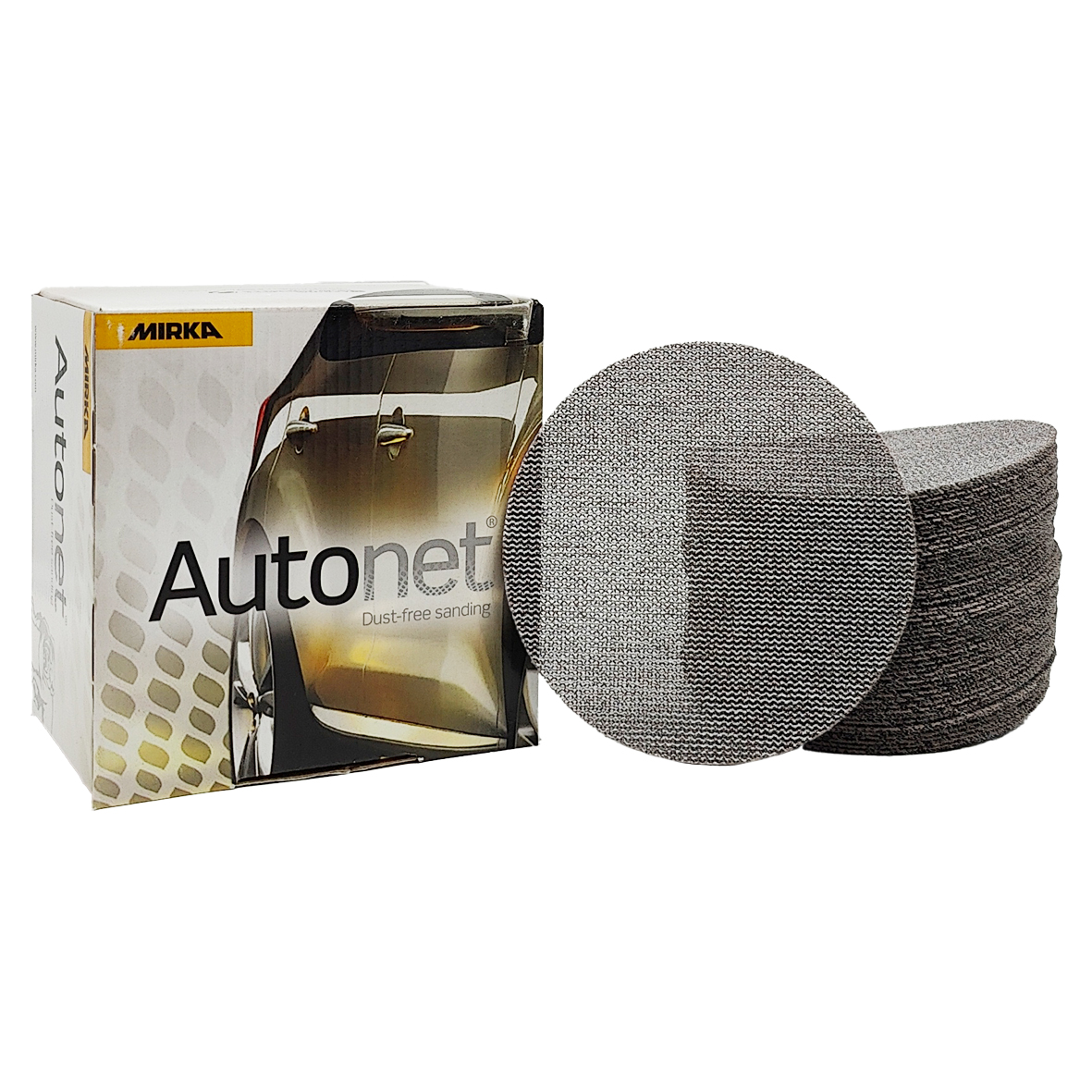 Abbildung Mirka Autonet 125mm Verpackung und Scheiben als Stapel.