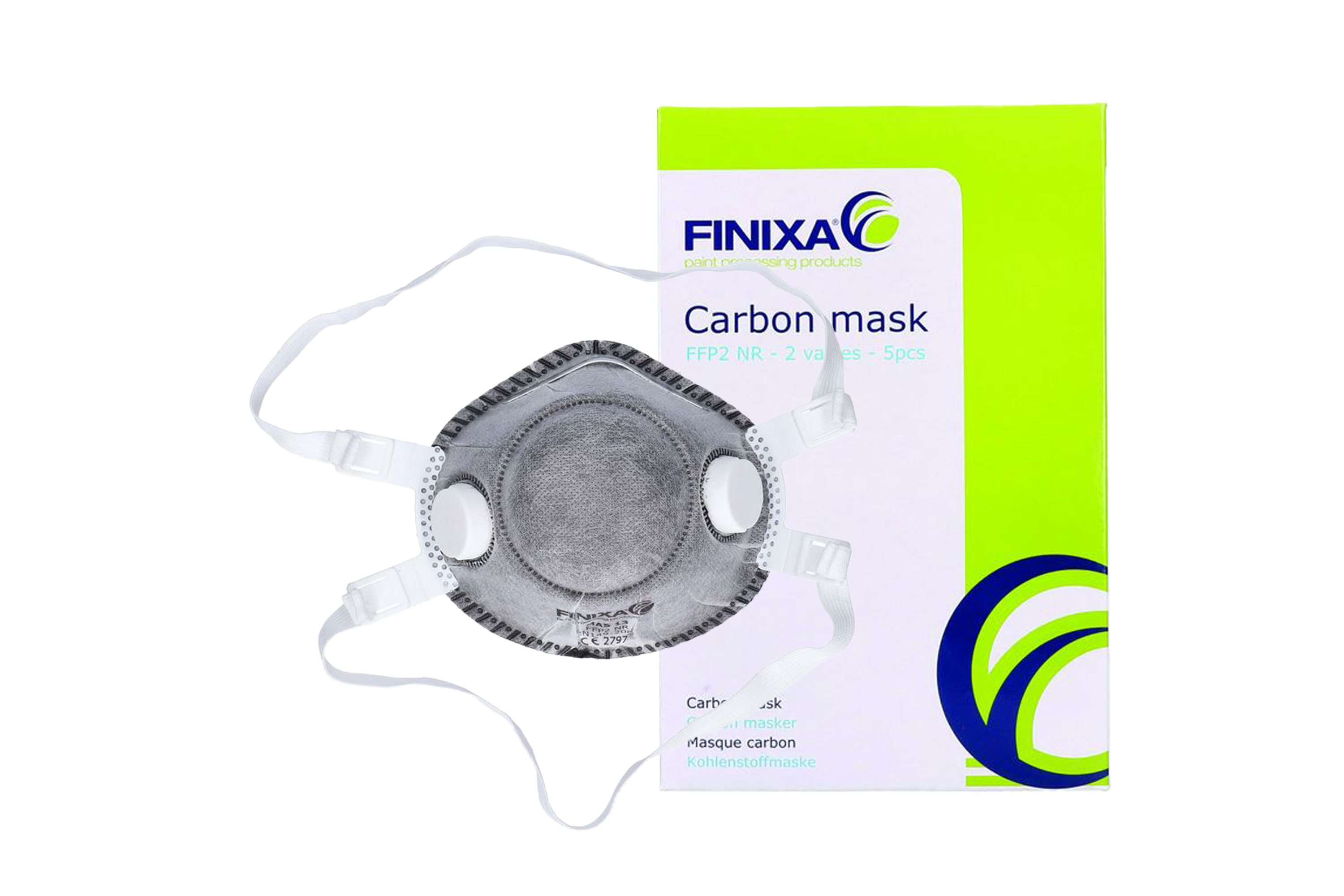 Abbildung Finixa FFP2 Maske mit Kohlenstofffilter und Verpackung.
