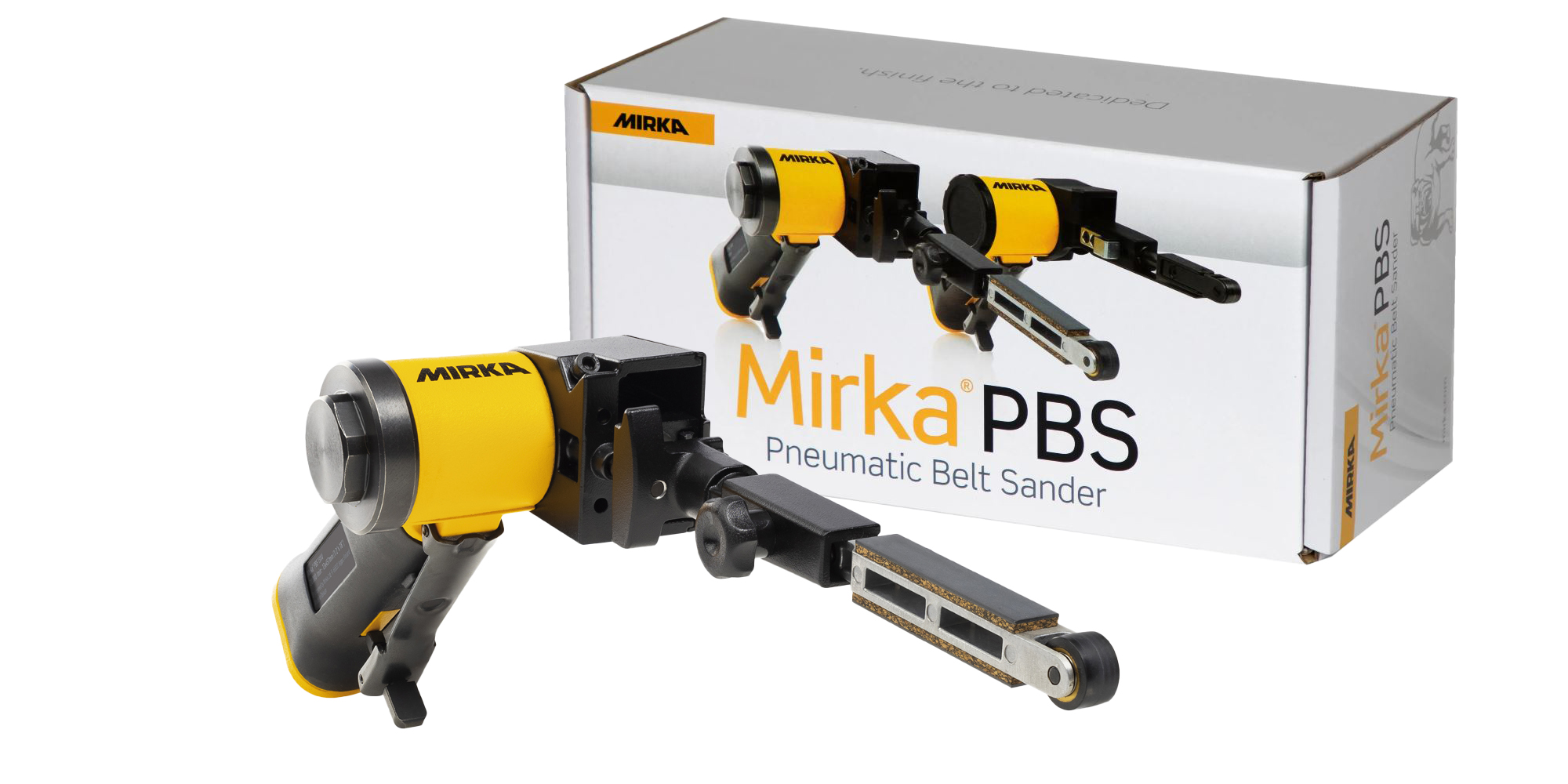 Abbildung Mirka PBS Feilenbandschleifer 13NV 13x457mm Verpackung und Maschine.