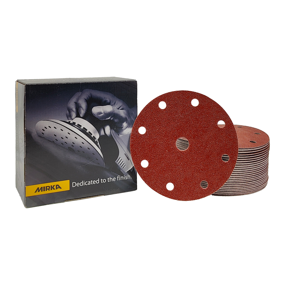 Abbildung Mirka Coarse Cut 150mm 9L Verpackung und Scheiben als Stapel.