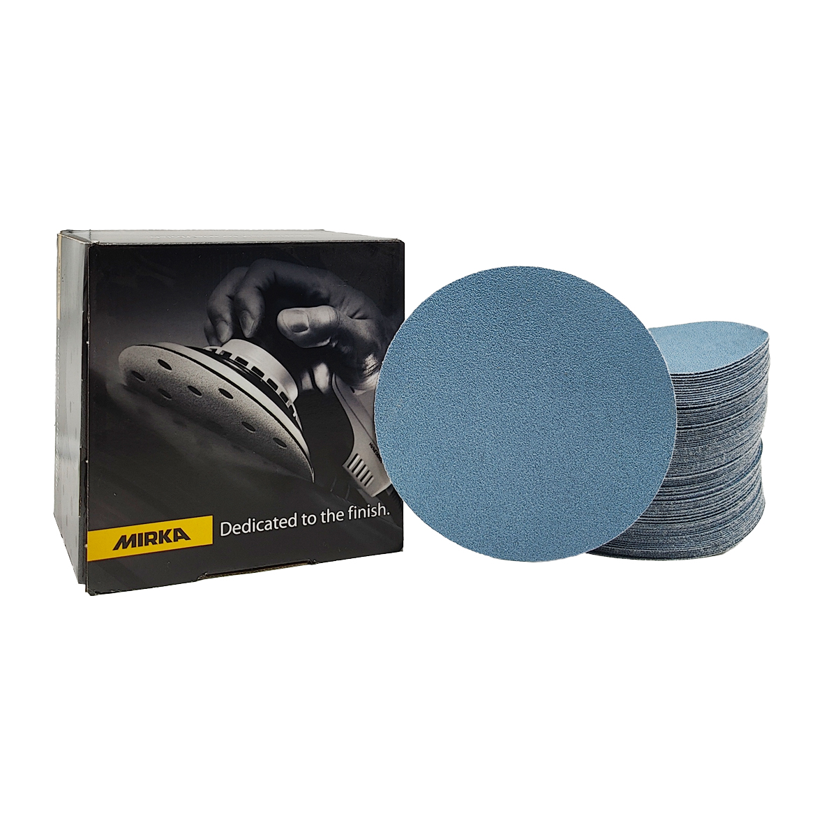 Abbildung Mirka Basecut 150mm Verpackung und Scheiben als Stapel.