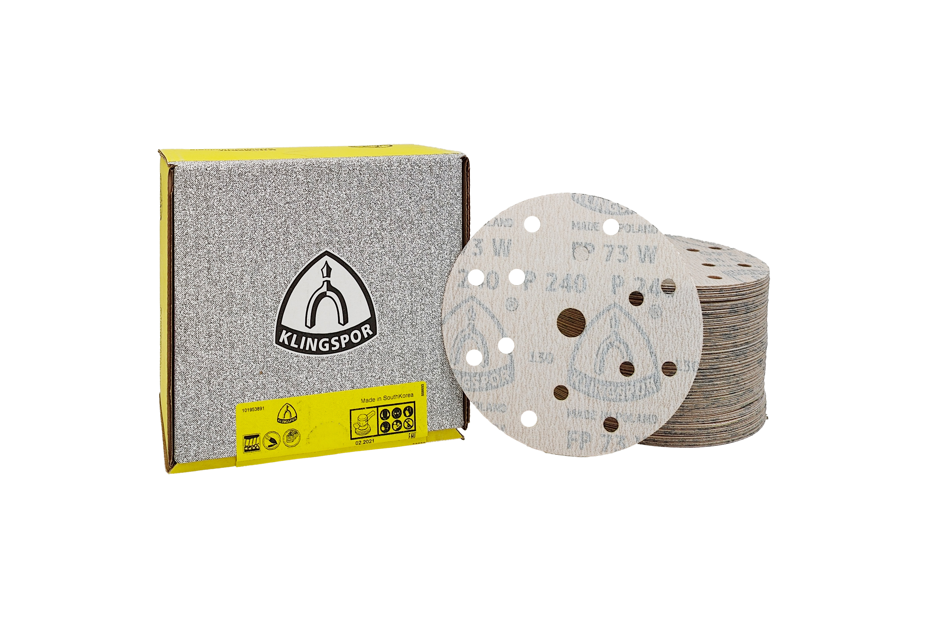 Abbildung Klingspor FP73WK 150mm 15L Verpackung und Scheiben als Stapel.