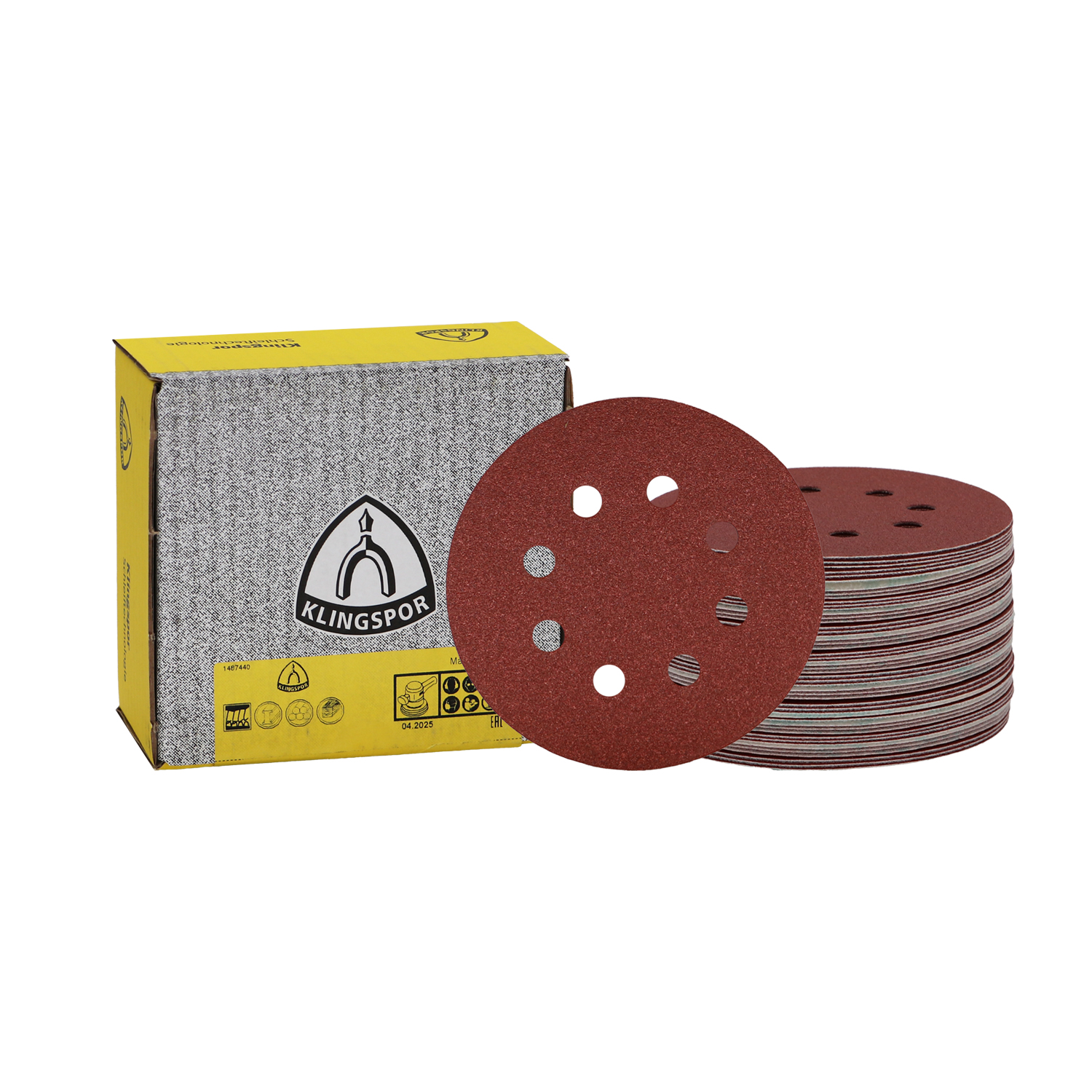 Abbildung Klingspor 125mm PS 22 K 8L Verpackung und Scheiben als Stapel.