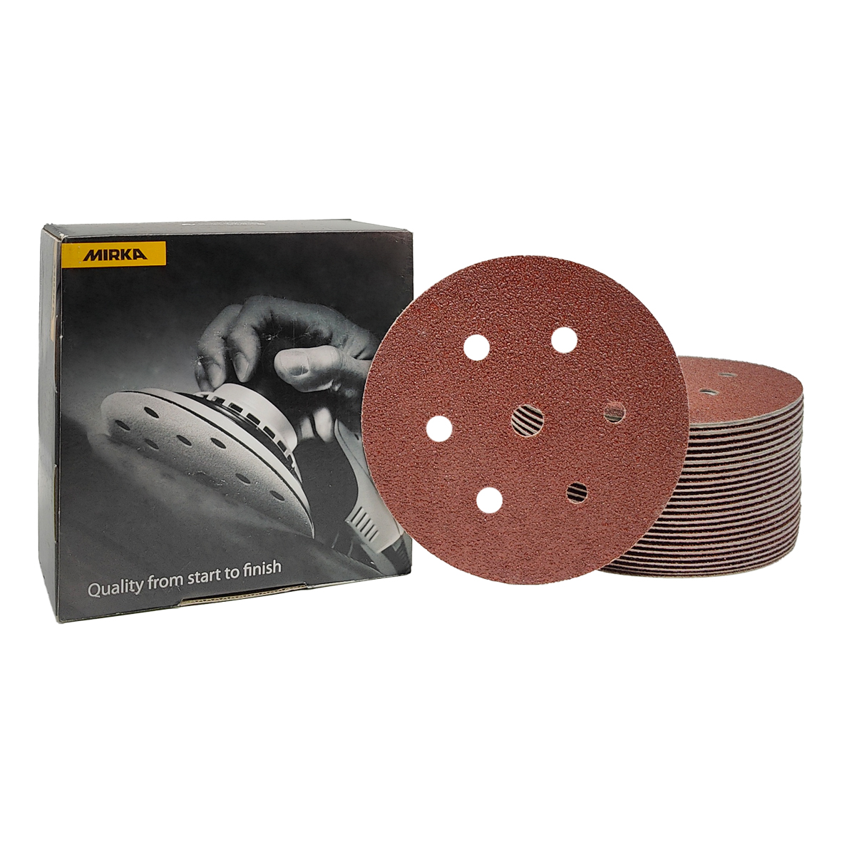 Abbildung Mirka Coarse Cut 150mm 7L Verpackung und Scheiben als Stapel.