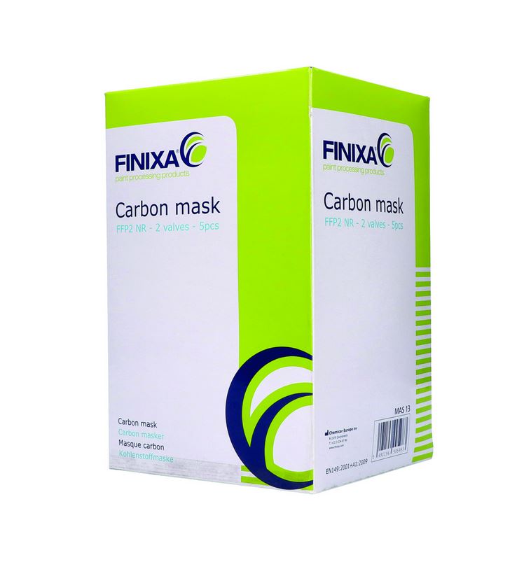 Abbildung Finixa FFP2 Maske mit Kohlenstofffilter Verpackung Zwei Seiten Ansicht Vorderseite.