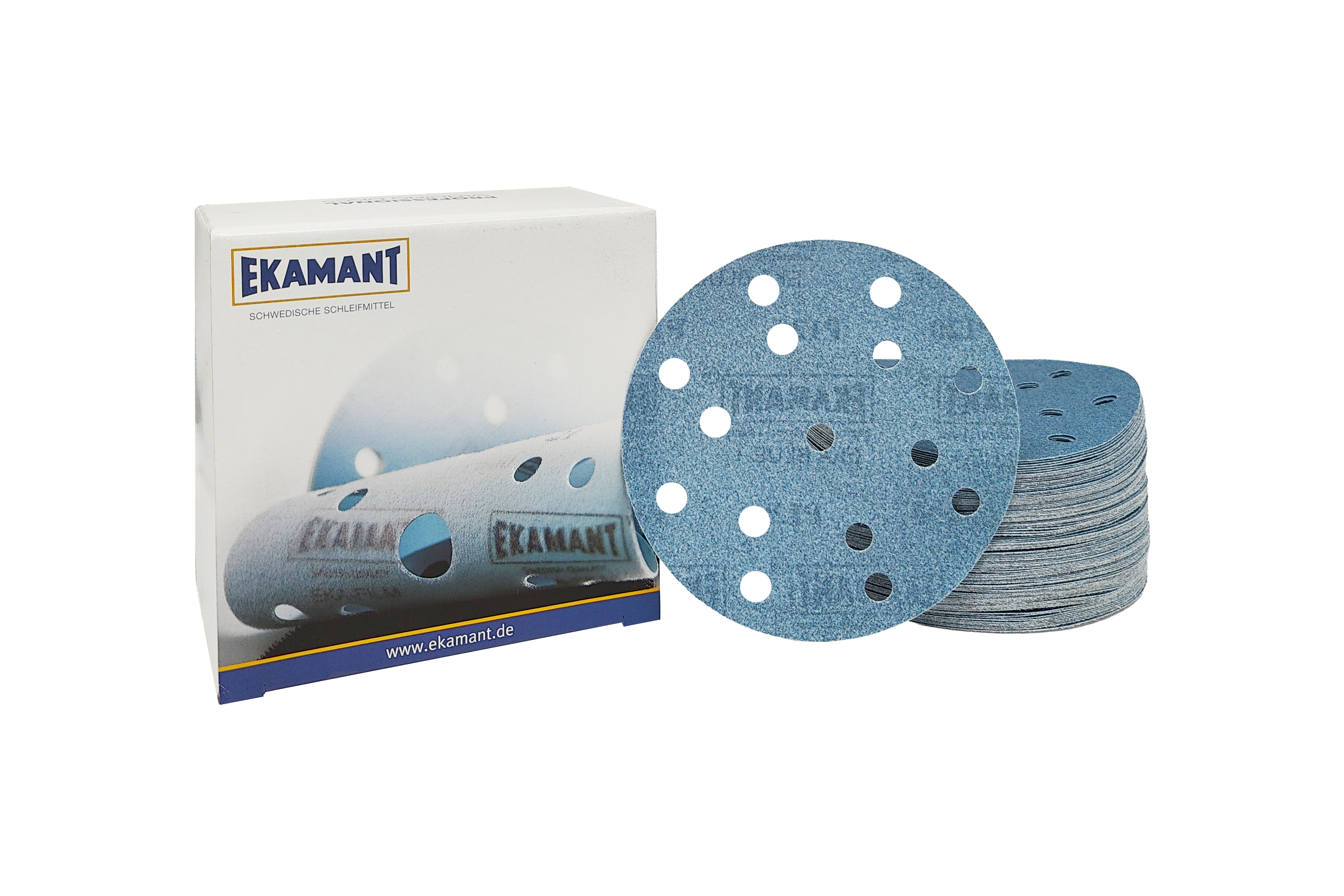 Abbildung Ekamant Eka Blue V 150mm 15L Verpackung und Scheiben als Stapel.