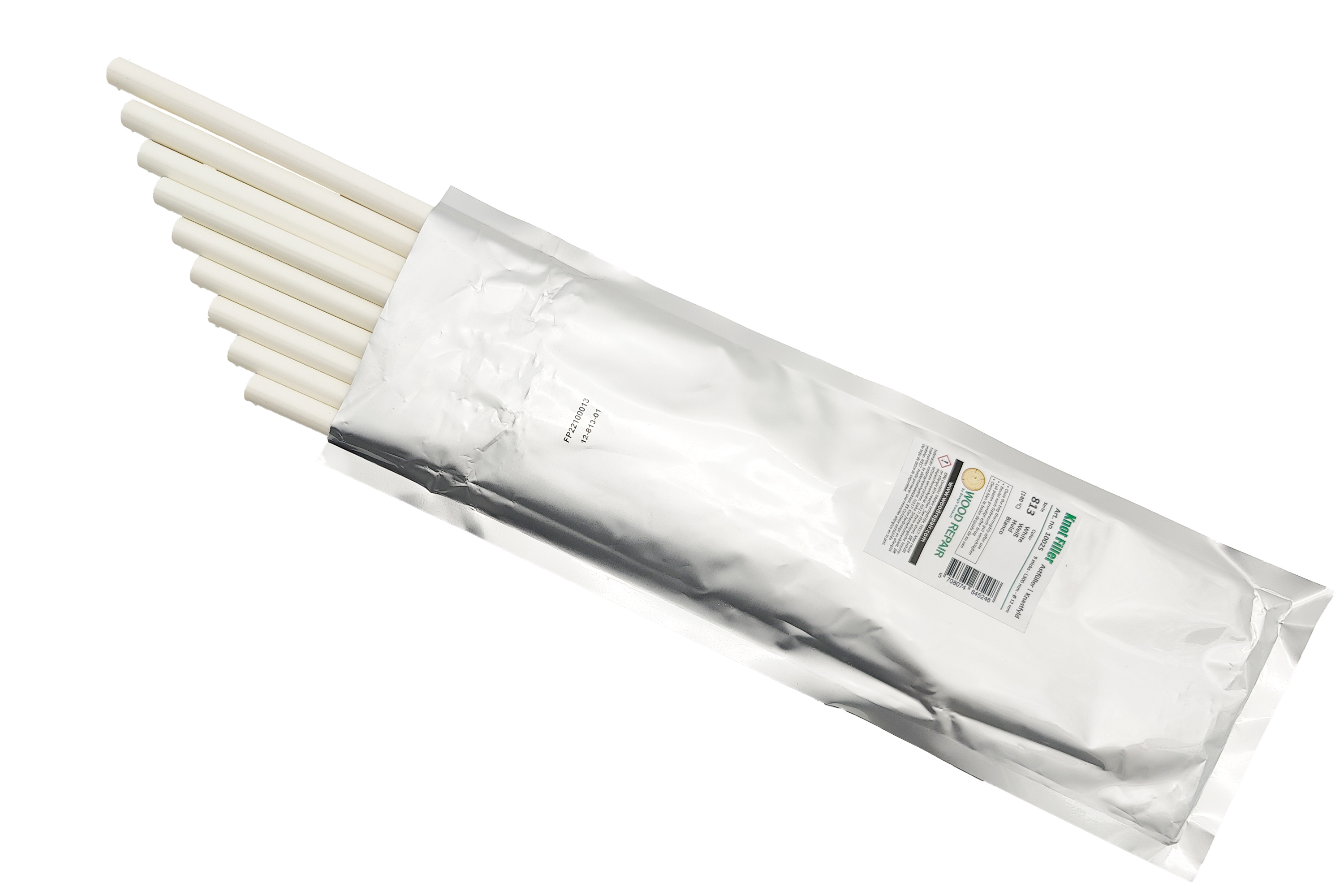 Abbildung Woodrepair Astfüller Weiß 300mm mit Verpackung.