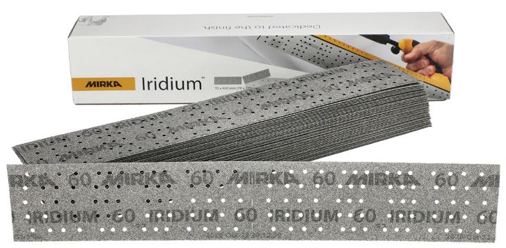 Abbildung Mirka Iridium 70x400mm 140L Verpackung und Streifen als Stapel.