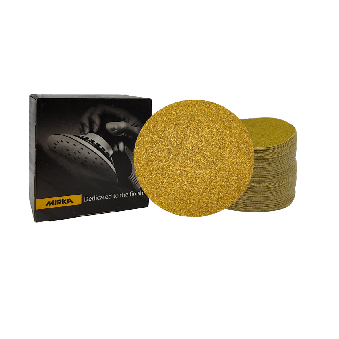 Abbildung Mirka Gold 150mm Verpackung und Scheiben als Stapel.