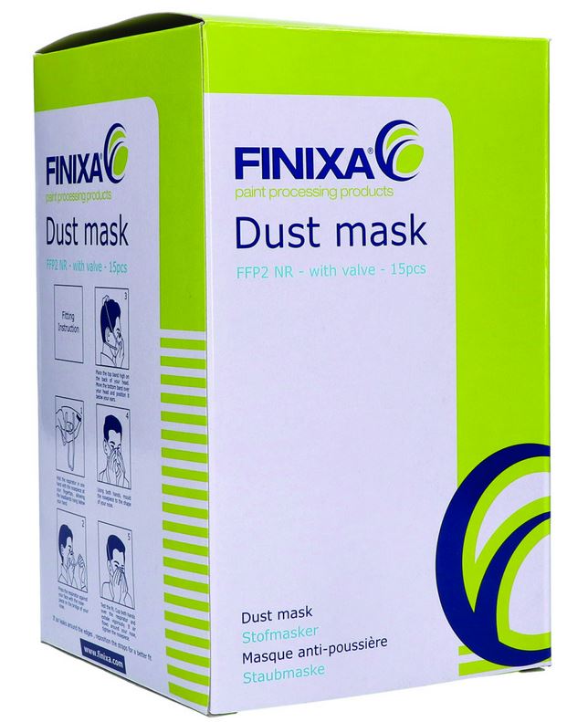 Abbildung Finixa FFP2 Feinstaubmaske Verpackung - Zwei Seiten Ansicht Rückseite.