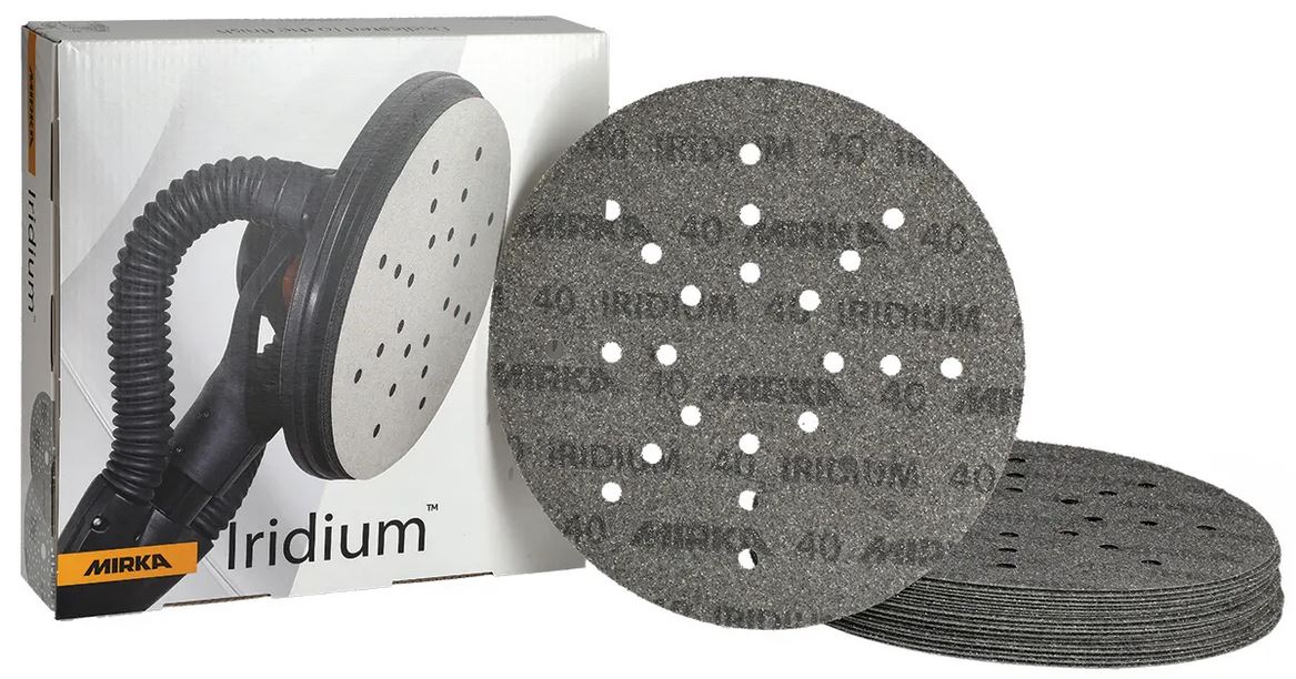 Abbildung Mirka Iridium 225mm 24L Verpackung und Scheiben als Stapel.