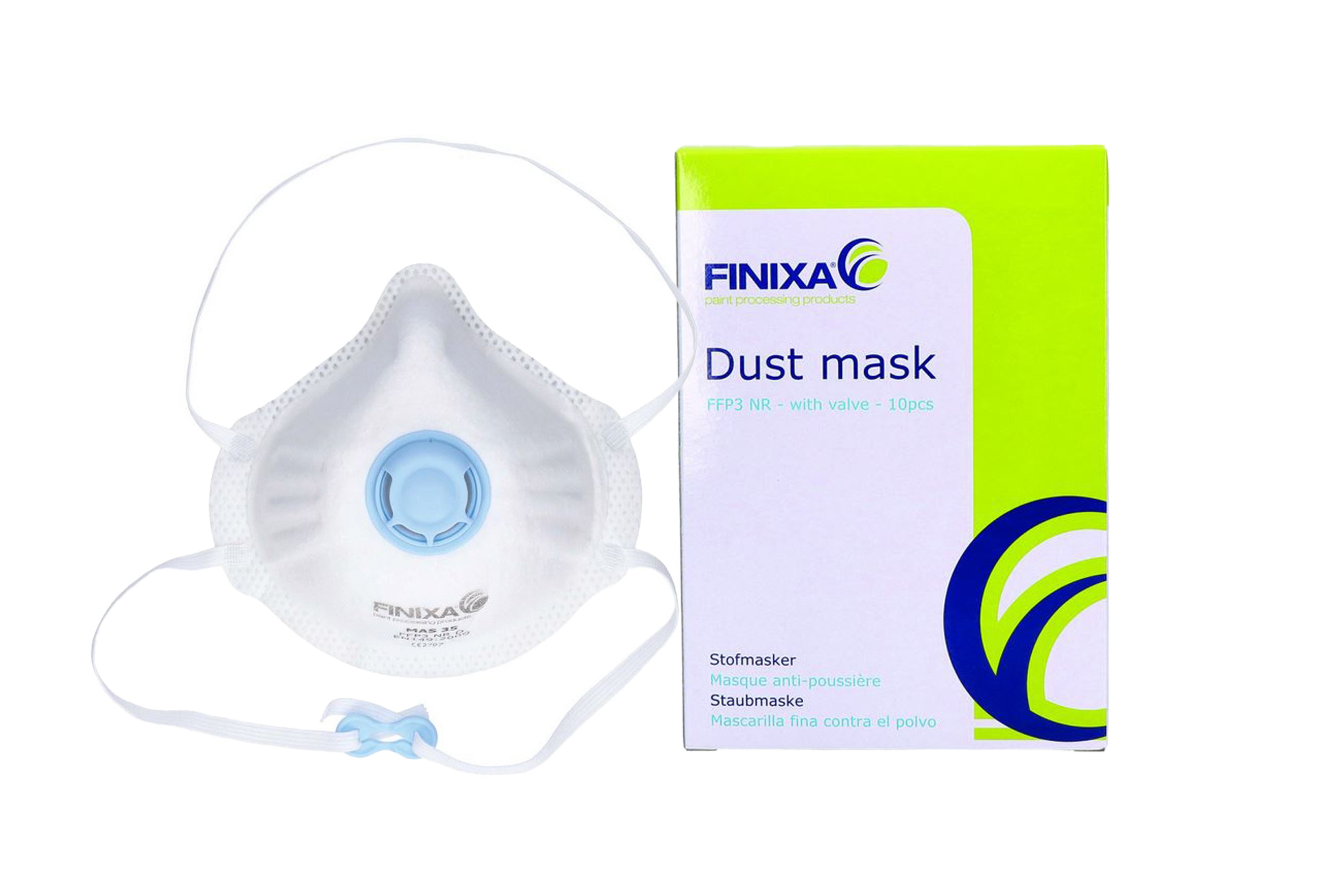 Abbildung Finixa FFP3 Feinstaubmaske mit Filter und Verpackung.