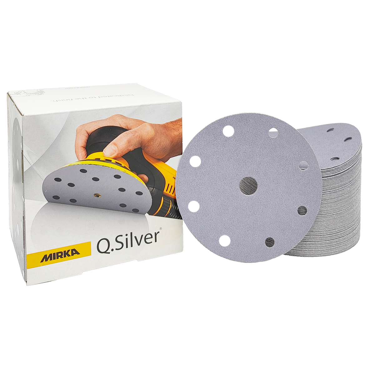 Abbildung Mirka Q.Silver 150mm 9L Verpackung und Scheiben als Stapel.