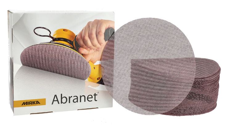 Abbildung Mirka Abranet 200mm Verpackung und Scheiben als Stapel.