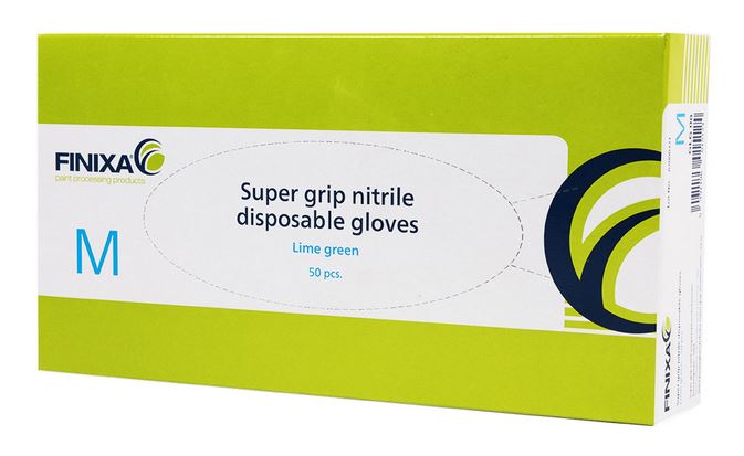 Abbildung Finixa Nitrilhandschuh Grün Verpackung Größe M.