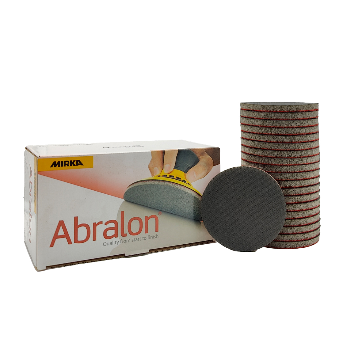 Abbildung Mirka Abralon 77mm Verpackung und Scheiben als Stapel.
